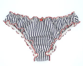 Braguita de algodón a rayas: Lencería azul marino con volantes rojos y rosas (tallas XS-XL)