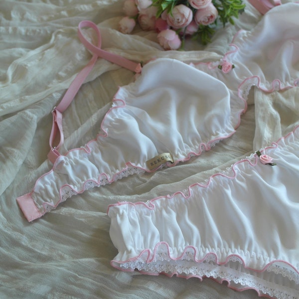 White  lingerie set with frilly edge Cotton bralette and panty with satin roses