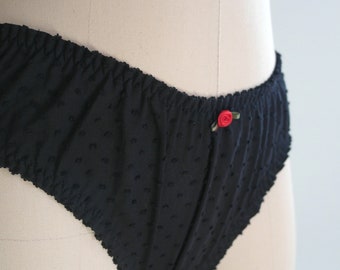 Black ruffled panty with red satin rose Black cotton bloomer with frill Black dotty panty