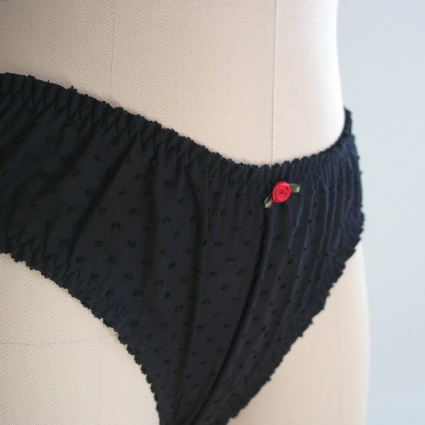 Black ruffled panty with red satin rose Black cotton bloomer with frill Black dotty panty