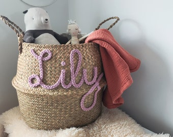 Seagrass Belly Basket with CHUNKY Personalised NAME or WORD . Childrens Bedroom Storage . Custom room Storage . First Birthday Gift