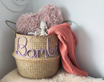 Seagrass Belly Basket with Personalised NAME or WORD . Childrens Bedroom Storage . Custom Room Storage . First Birthday Gift