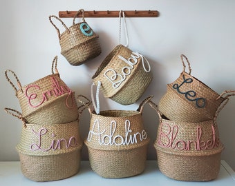 Sml Med Lg Seagrass Belly Baskets with Personalised LETTER, NAME or WORD . Children's Bedroom Storage . Custom Room Storage