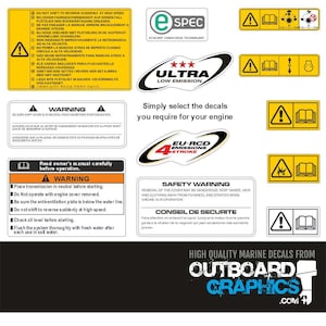 May include: A selection of marine safety and operational decals. Features labels with text including "Ultra Low Emission", "EU-RCD Emissions 4 Stroke", and "Outboard Graphics". Includes warning symbols.