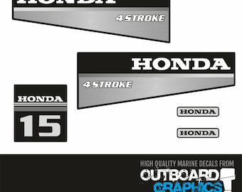 Honda 15hp 4 stroke (1990's) outboard engine decals/sticker kit (silver style) - Tariff free to USA