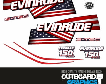 Evinrude 150hp ETEC/E-TEC HO stars & stripes outboard engine decals/sticker kit (blue cowl)