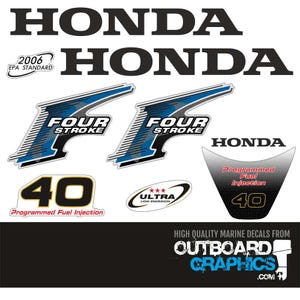 May include: A collection of Honda marine decals, featuring the Honda logo, "Four Stroke" graphics, and "40" decals with "Programmed Fuel Injection." The decals are in black, blue, and white.