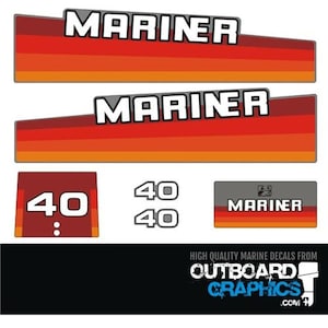 May include: A set of red, orange, and white vinyl decals for a Mariner 40 HP outboard motor. The decals include the Mariner logo and the number 40.
