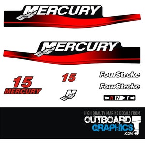 Kit adesivi/decalcomanie per fuoribordo Mercury 15hp a quattro tempi + TERGIPAVIMENTO GRATUITO - Tutti gli ordini negli Stati Uniti vengono spediti sdoganati - Nessun dazio aggiuntivo da pagare.