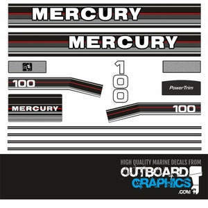 Mercury 100hp clamshell (early 80&#39;s) outboard decals/sticker kit + FREE SQUEEGEE - All US orders shipped Duty Paid - No extra duty to pay.
