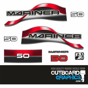 Może przedstawiać: Zestaw czerwonych, czarnych i srebrnych naklejek do silnika zaburtowego Mariner 50. Naklejki przedstawiają logo Mariner i numer 50. Naklejki morskie wysokiej jakości od Outboard Graphics.