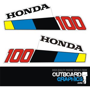 May include: Two Honda 100 marine decals. Each decal features the word "HONDA" in black, a black, blue, and yellow stripe, and the number "100" in red. The decals are white with a black background.
