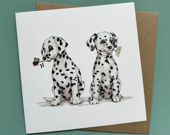 Dalmatian Pups Greeting Card, Daisy and Rose, Blank Inside, Buy single card or a pack of 3 at a Discounted Price.