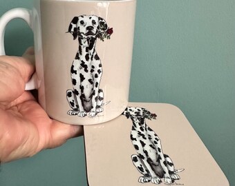 Fabulous Dalmatian with Rose Quality Ceramic Mug, with or without Matching Coaster, Lovely Gift