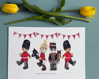 Personalised Royal Animal Guards Print: Nursery Original Watercolour Wall Art, Christening Gift