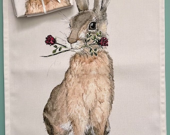 Gorgeous Hare and Roses Tea Towel,