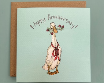 Runner Duck with Roses Anniversary Card, Anniversary Greetings Card, Happy Runner Anniversary, Runner Duck