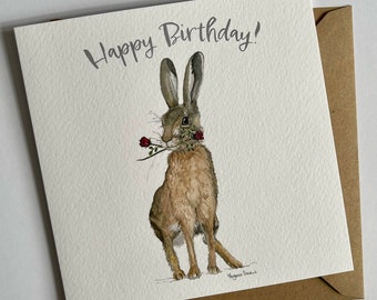 Hare with Roses Birthday Card, Happy Hare Birthday, Hare with Roses
