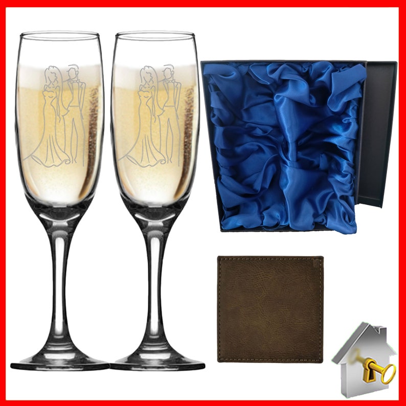 Personalised Wedding Gift. Champagne flute engraved on both sides with unique design. Bride& Groom image one sidewith Bride & Groom names on the reverse, entwined wedding rings image and the date of the wedding below. Optional Display Box option.