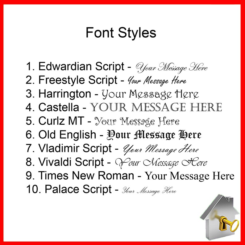 May include: A list of 10 different font styles with the text "Your Message Here" written in each style. The font styles include Edwardian Script, Freestyle Script, Harrington, Castella, Curlz MT, Old English, Vladimir Script, Vivaldi Script, Times New Roman, and Palace Script.