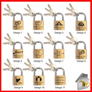 May include: Ten different designs for personalised gold padlocks with various engravings, including hearts, arrows, flowers, and text. Each padlock comes with a set of keys.