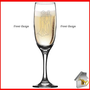 Personalised Wedding Gift. Champagne flute engraved on both sides with unique design. Bride& Groom image one sidewith Bride & Groom names on the reverse, entwined wedding rings image and the date of the wedding below. Optional Display Box option.