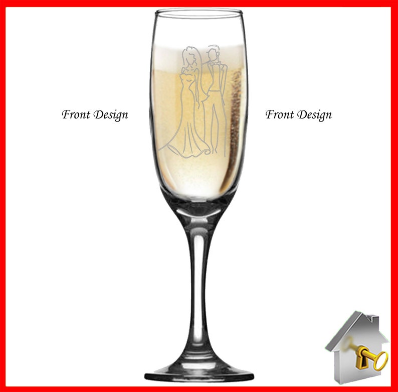 Personalised Wedding Gift. Champagne flute engraved on both sides with unique design. Bride& Groom image one sidewith Bride & Groom names on the reverse, entwined wedding rings image and the date of the wedding below. Optional Display Box option.