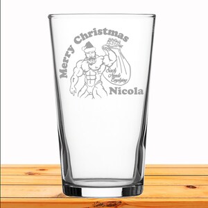 Personalised Engraved Conical Pint Glass Gift Christmas Theme Santa Hunk Beer Gifts Merry Xmas Present