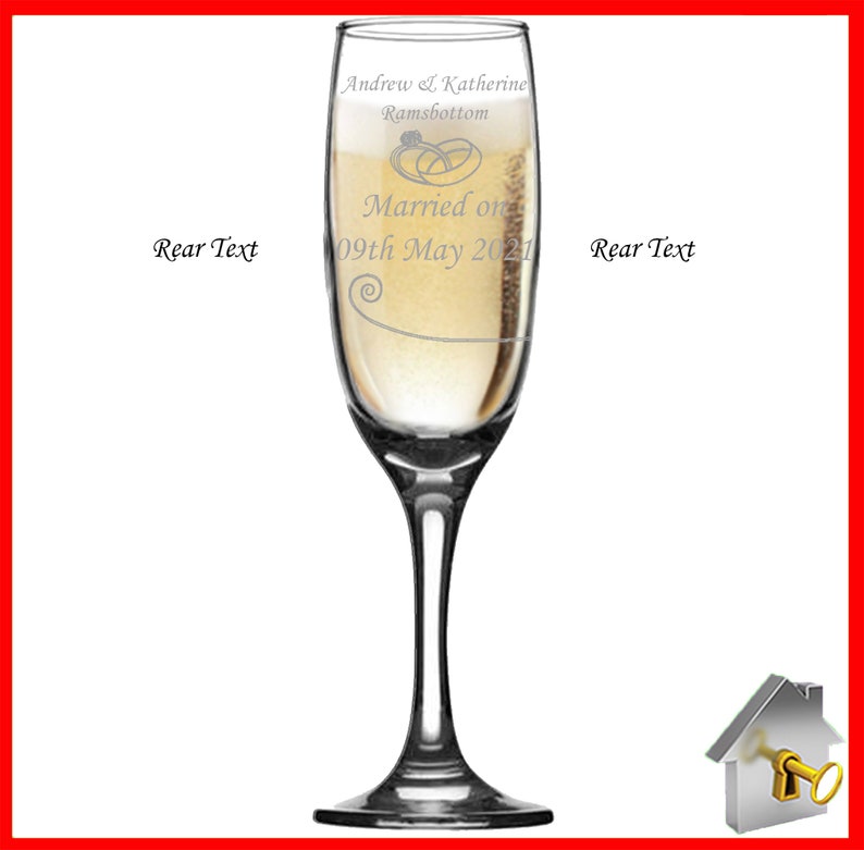 Personalised Wedding Gift. Champagne flute engraved on both sides with unique design. Bride& Groom image one sidewith Bride & Groom names on the reverse, entwined wedding rings image and the date of the wedding below. Optional Display Box option.