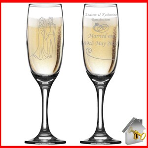 Personalised Wedding Gift. Champagne flute engraved on both sides with unique design. Bride& Groom image one sidewith Bride & Groom names on the reverse, entwined wedding rings image and the date of the wedding below. Optional Display Box option.