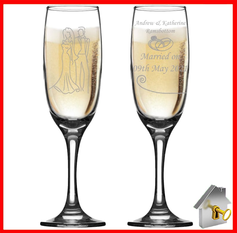 Personalised Wedding Gift. Champagne flute engraved on both sides with unique design. Bride& Groom image one sidewith Bride & Groom names on the reverse, entwined wedding rings image and the date of the wedding below. Optional Display Box option.
