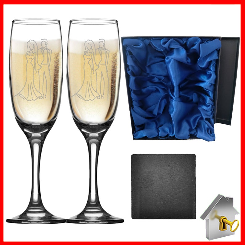 Personalised Wedding Gift. Champagne flute engraved on both sides with unique design. Bride& Groom image one sidewith Bride & Groom names on the reverse, entwined wedding rings image and the date of the wedding below. Optional Display Box option.