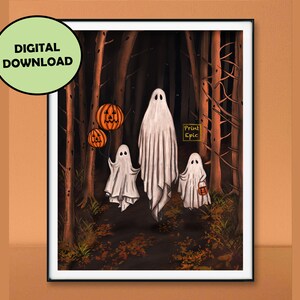 May include: Three ghosts trick-or-treating in a dark forest. The ghost in the middle is holding a string of jack-o'-lantern balloons. The ghost on the right is carrying a small pumpkin bucket. The text "Print Epic" is visible in the background.