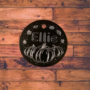 Personalized Pumpkin Dog Tag, Autumn Pet ID, Fall Leaves Dog Name Tag, Halloween Cat Tag, Etched Metal Pet ID, Dog Tag for Large Dogs