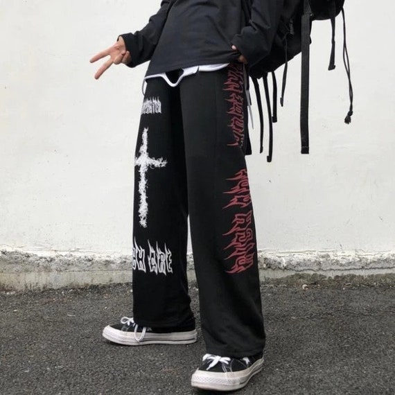 HOUZHOU Punk Wide Pants Women Gothic Harajuku Graffiti Anime - Etsy