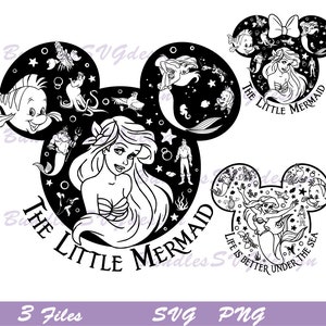 Sirène princesse SVG, tête de souris princesse Png, oreilles de souris SVG, sirène fille anniversaire SVG, voyage en famille Png, mer plage SVG, flocons de neige Png