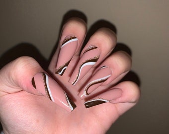 Nude Abstract Nail Design - White, Gold and Brown lines / Coffin Nails/ False Nails/ Glue on Nails