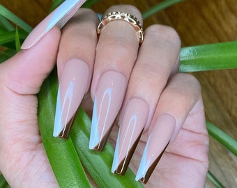 Nude Vline white and brown coffin press on nails with glitter shine cute press on nails/ false nails/ glue on nails/ glitter nails