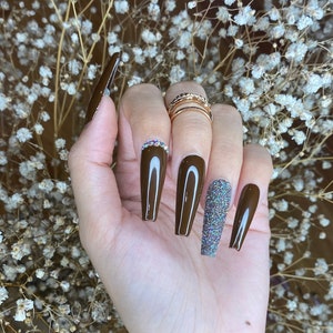 Brown coffin press on nails with glitter shine cute press on nails/ false nails/ glue on nails/ glitter nails
