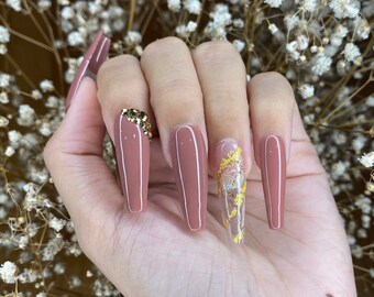 Sandy brown gold flakes coffin press on nails with glitter shine cute press on nails/ false nails/ glue on nails/ glitter nails