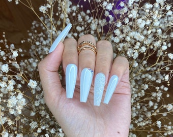 White coffin press on nails with glitter shine cute press on nails/ false nails/ glue on nails/ glitter nails