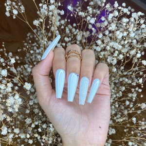 White coffin press on nails with glitter shine cute press on nails/ false nails/ glue on nails/ glitter nails