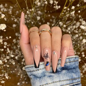 Nude Butterfly Nails Design/ Press On Nails/ Rhinestone Nails/ V lines nails/ Coffin Nails/ cute nails image 4