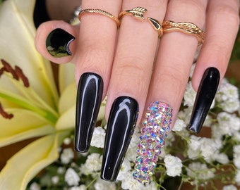 Press on nails coffin black rhinestone/ Cute press on nails/ Party nails