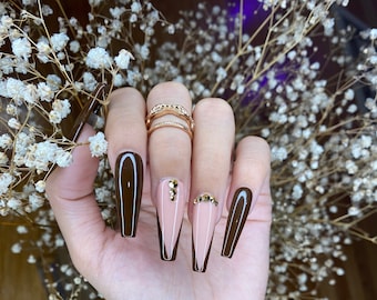 Brown V French coffin press on nails with gold rhinestone cute press on nails/ false nails/ glue on nails/ glitter nails