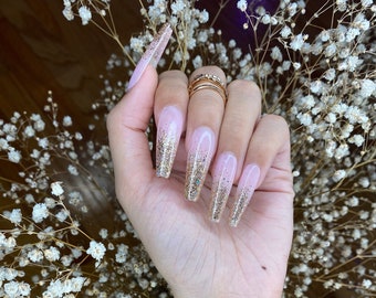 Baby pink coffin press on nails with glitter shine cute press on nails/ false nails/ glue on nails/ glitter nails