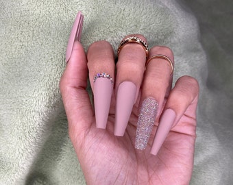 Nude matte coffin press on nails with glitter shine cute press on nails/ false nails/ glue on nails/ glitter nails/ matte nails/ fall nails