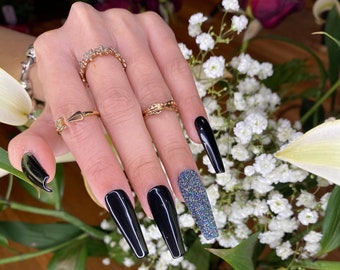 Black coffin  press on nails with glitter shine cute press on nails