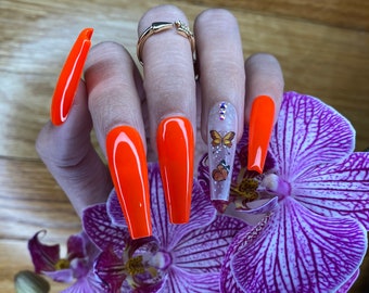Neon orange press on nails/ Fake nails/ Butterfly nails/ False nails/ Glue on nails