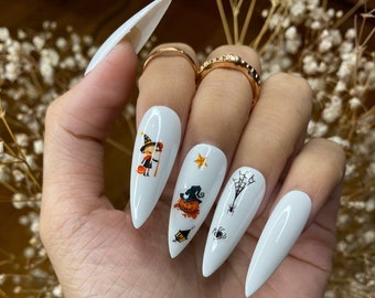 White Halloween nails design coffin press on nails/ cute press on nails/ false nails/ glue on nails/ glitter nails